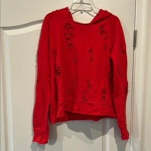 Distressed Red Hooded Womens Pullover Top